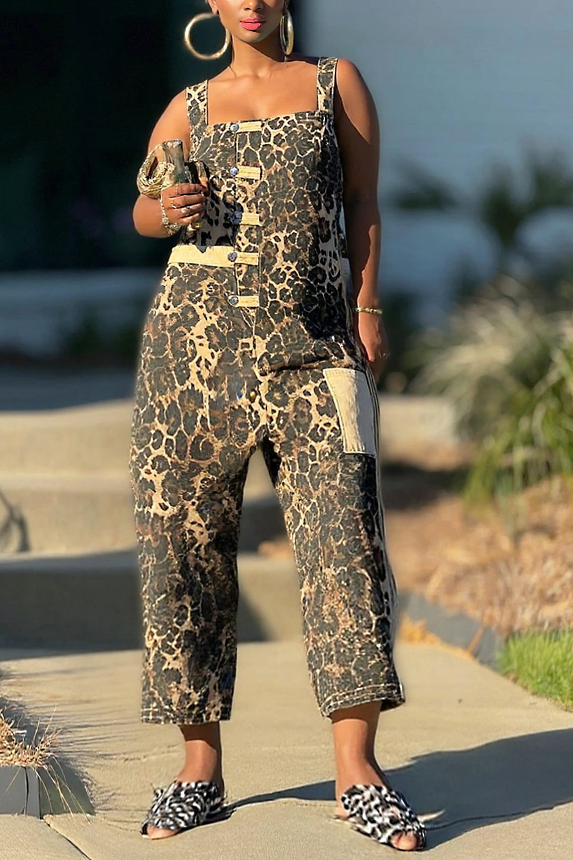 Street Leopard Print Cropped Denim Overalls*