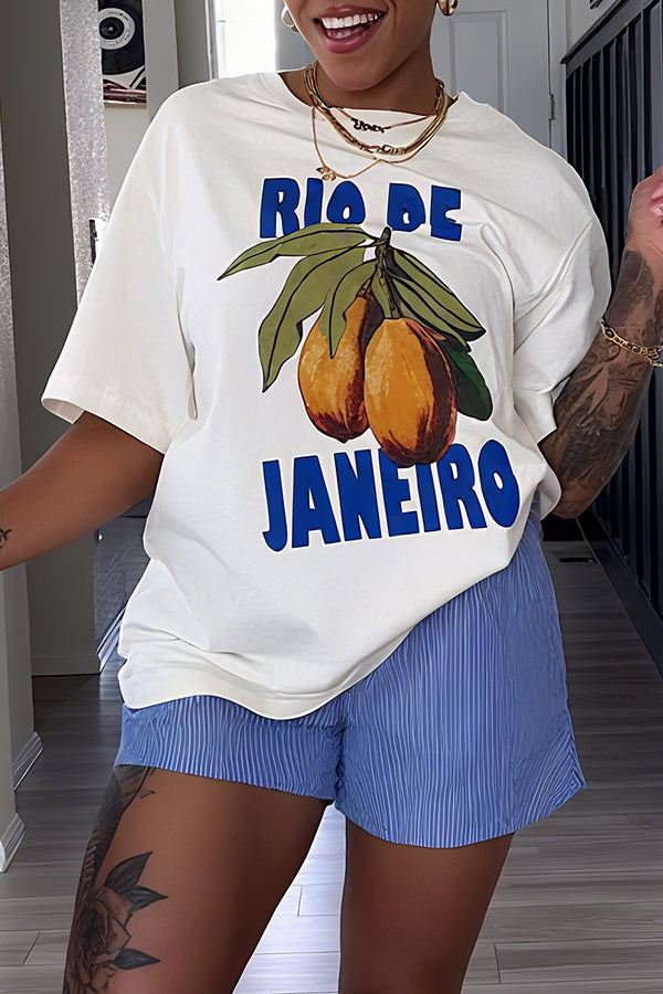 Casual Tropical Fruit Lettering Printed Short Sleeve T-shirt*