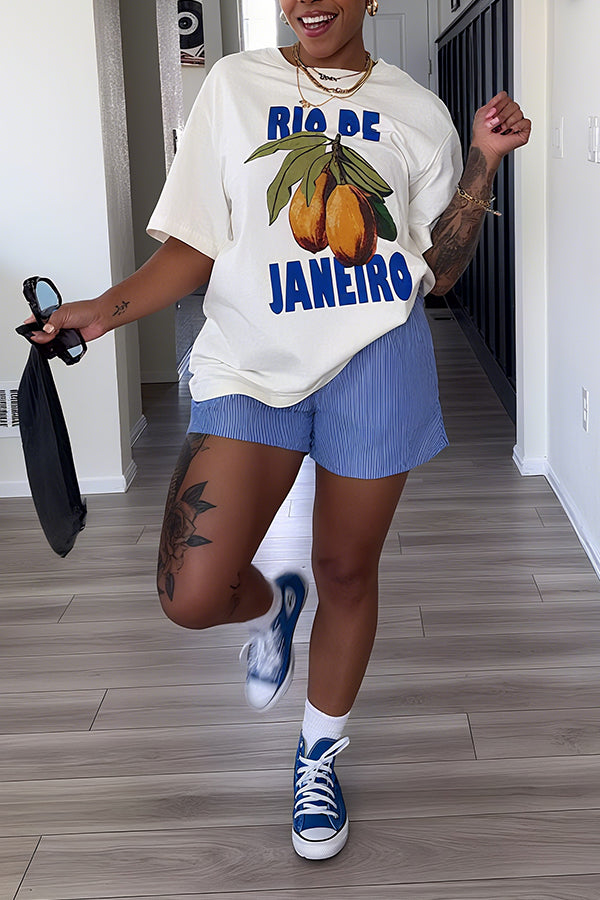 Casual Tropical Fruit Lettering Printed Short Sleeve T-shirt*