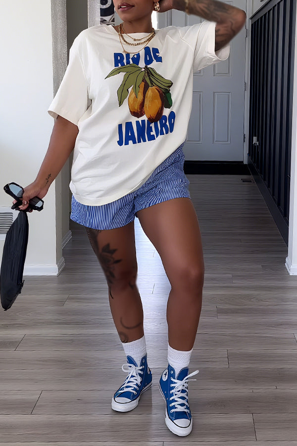 Casual Tropical Fruit Lettering Printed Short Sleeve T-shirt*