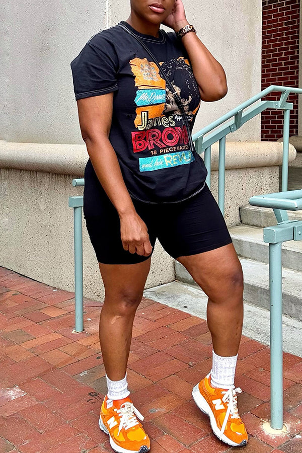 Casual Abstract Cartoon Character Letter Print T-shirt*