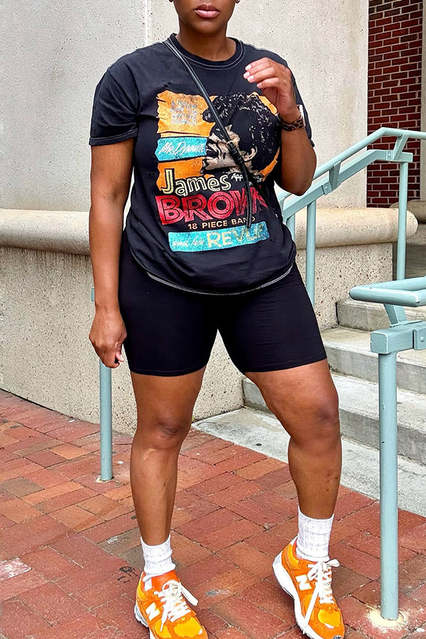 Casual Abstract Cartoon Character Letter Print T-shirt*