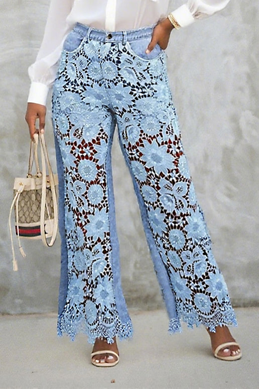 Chic Hollow Lace Panel Jeans*