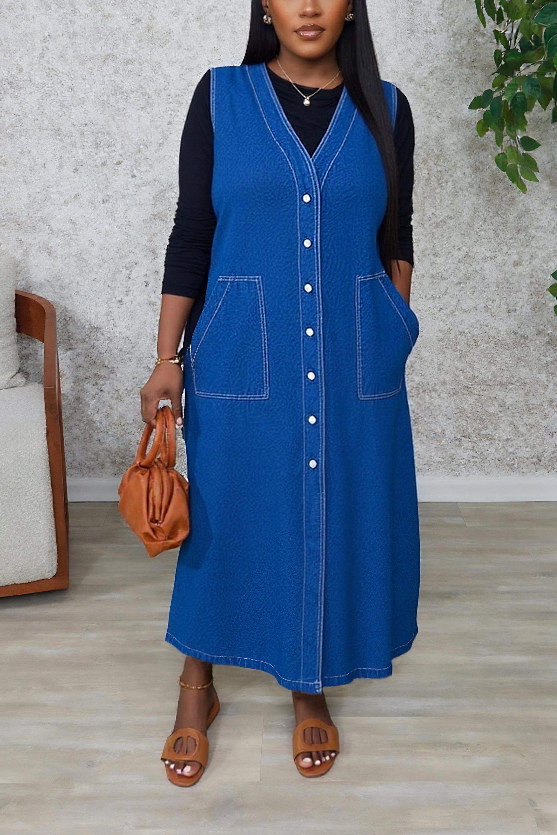 Casual Loose Fit Single Breasted Denim Dress*