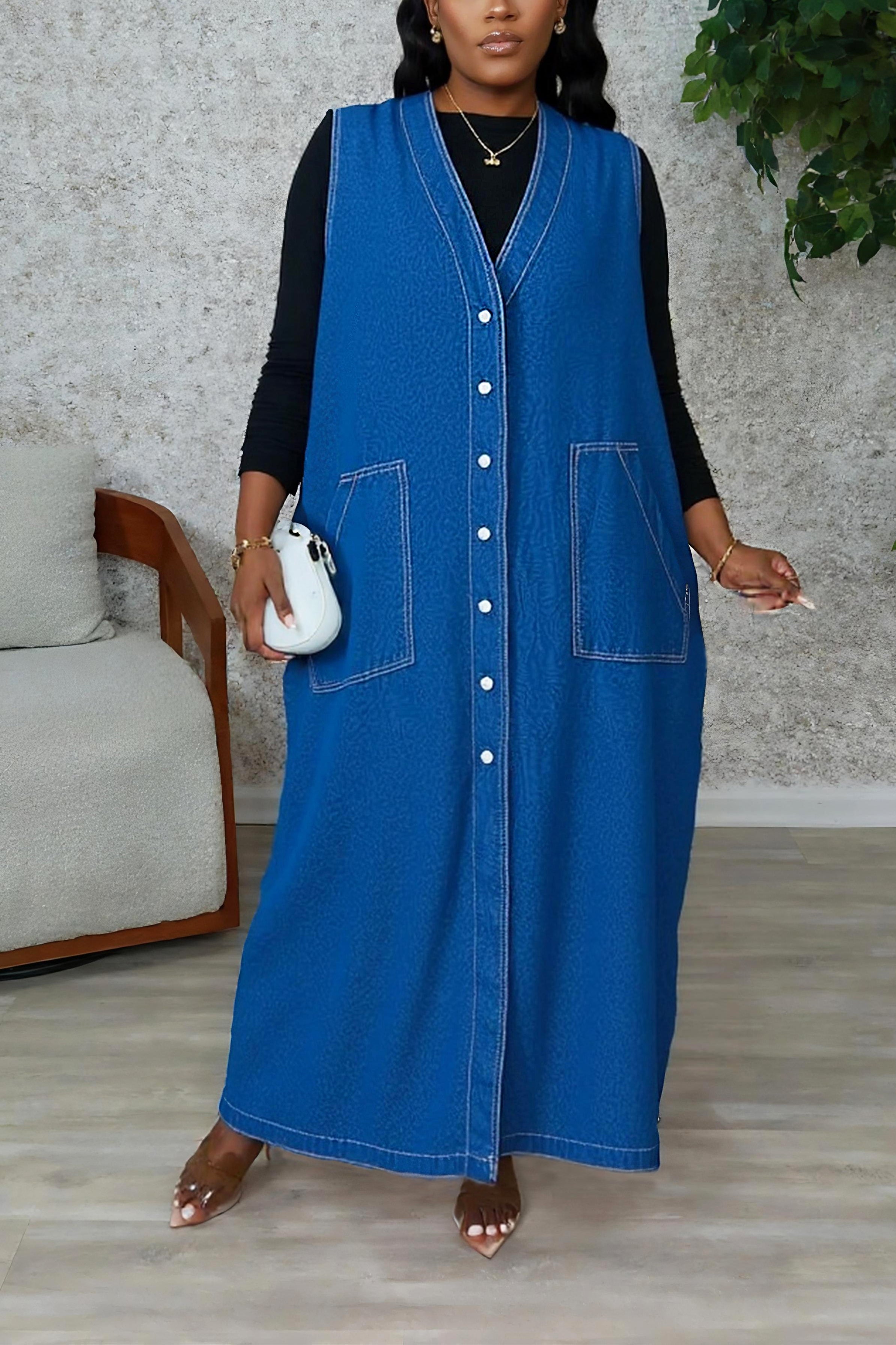 Casual Loose Fit Single Breasted Denim Dress*