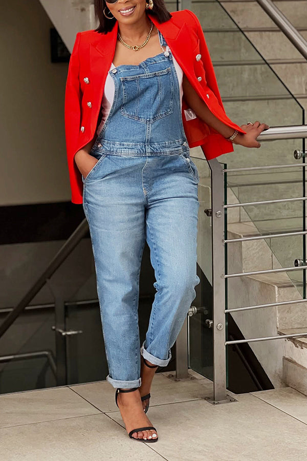 Casual Chest Pocket Bleached Denim Overalls*