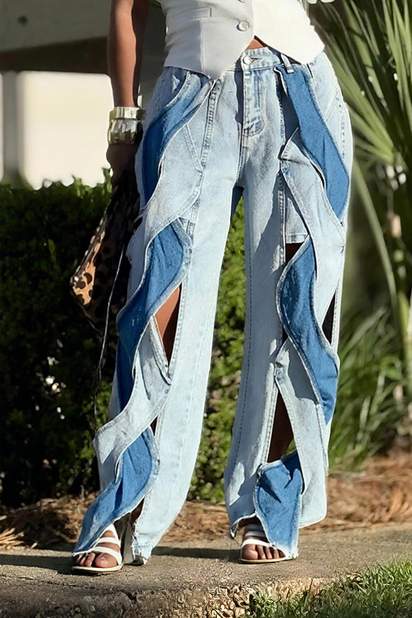 Fashionable Twisted Contrast Color Stitching Straight Jeans*