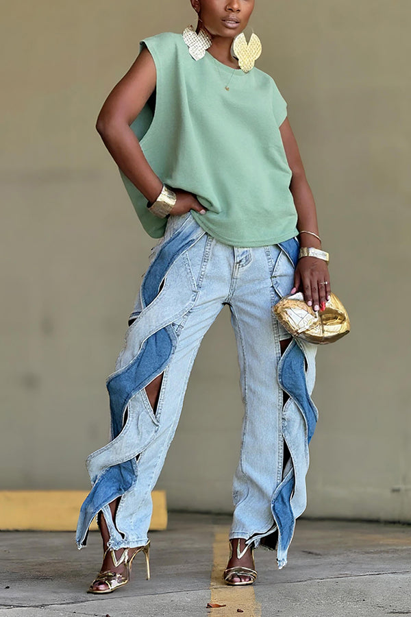 Fashionable Twisted Contrast Color Stitching Straight Jeans*