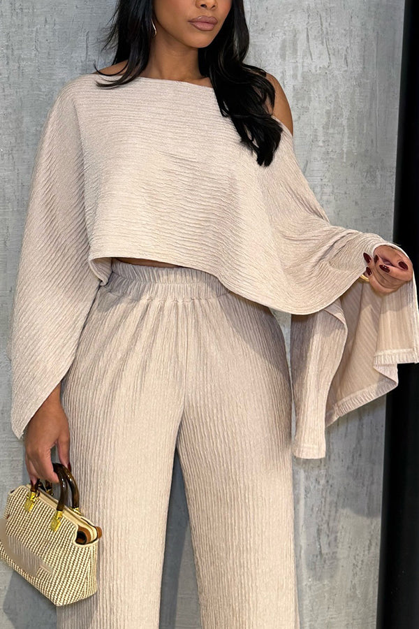 Chic Oblique Neck Irregular Top & Pleated Pants Set*