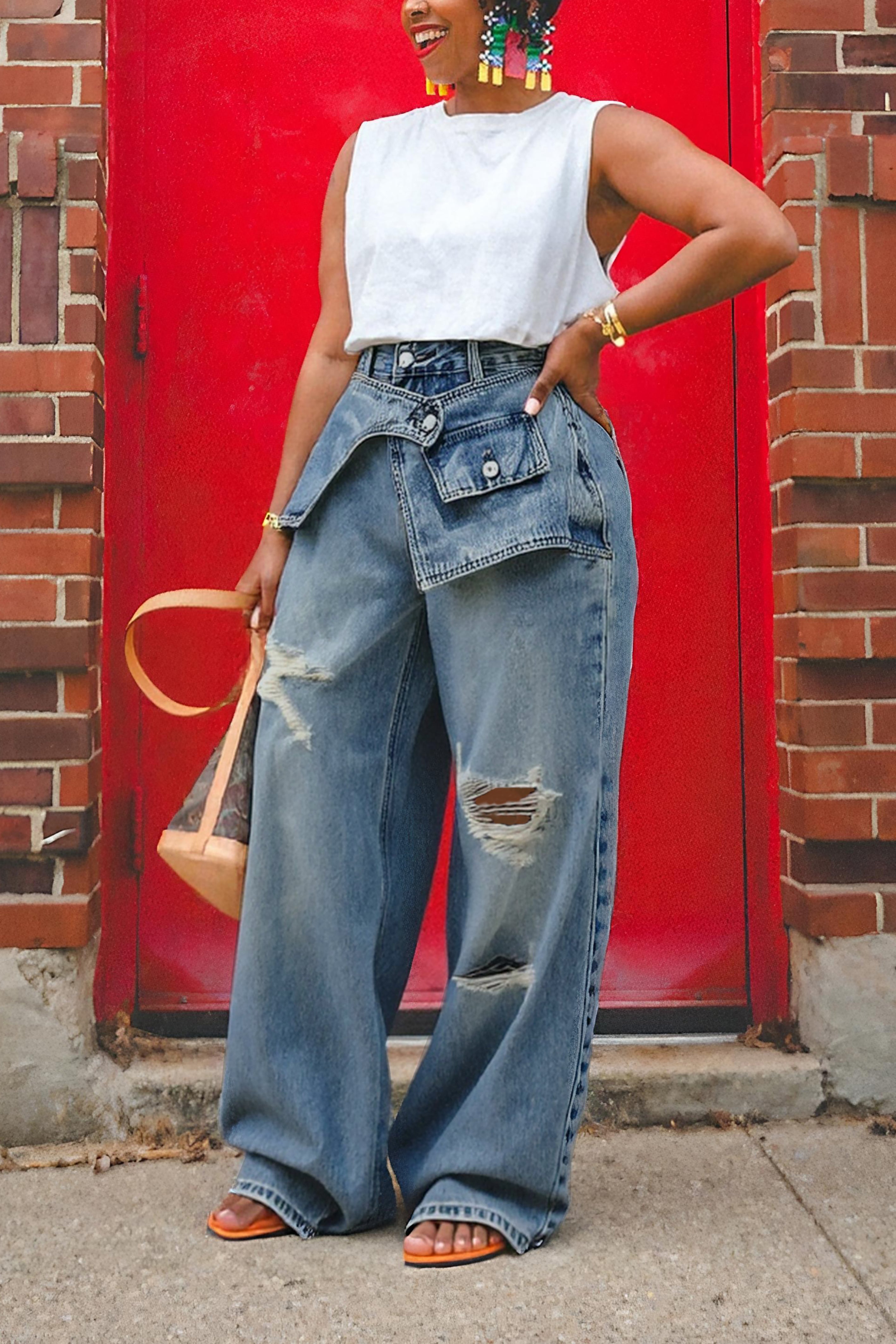 Street Unique Design Double Waistband Ripped Jeans*