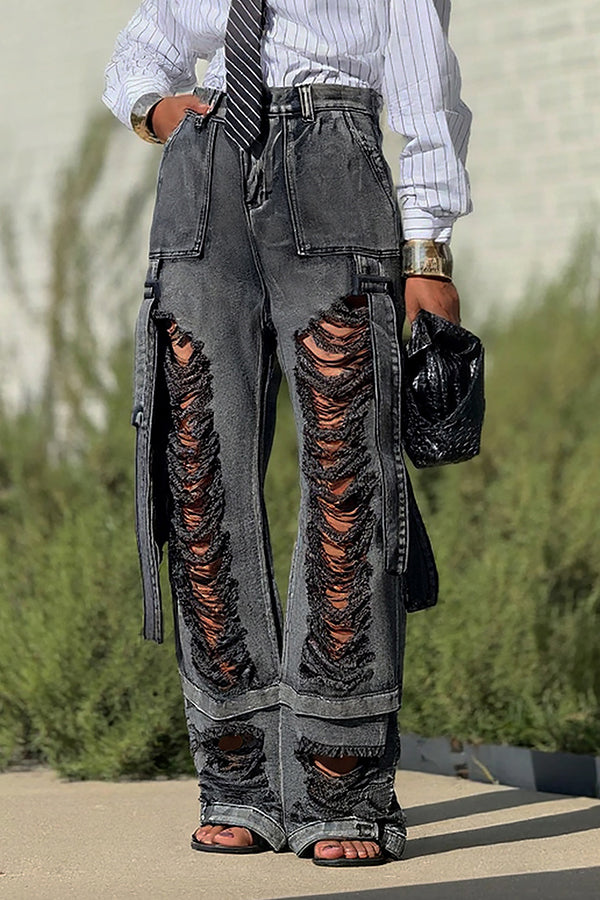 Street Fashion Ripped Ribbon Work Jeans*