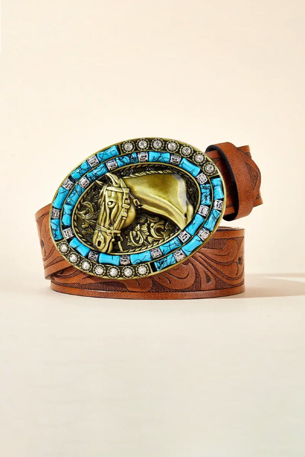 Western Style Embossed Leather Horse Head Belt*