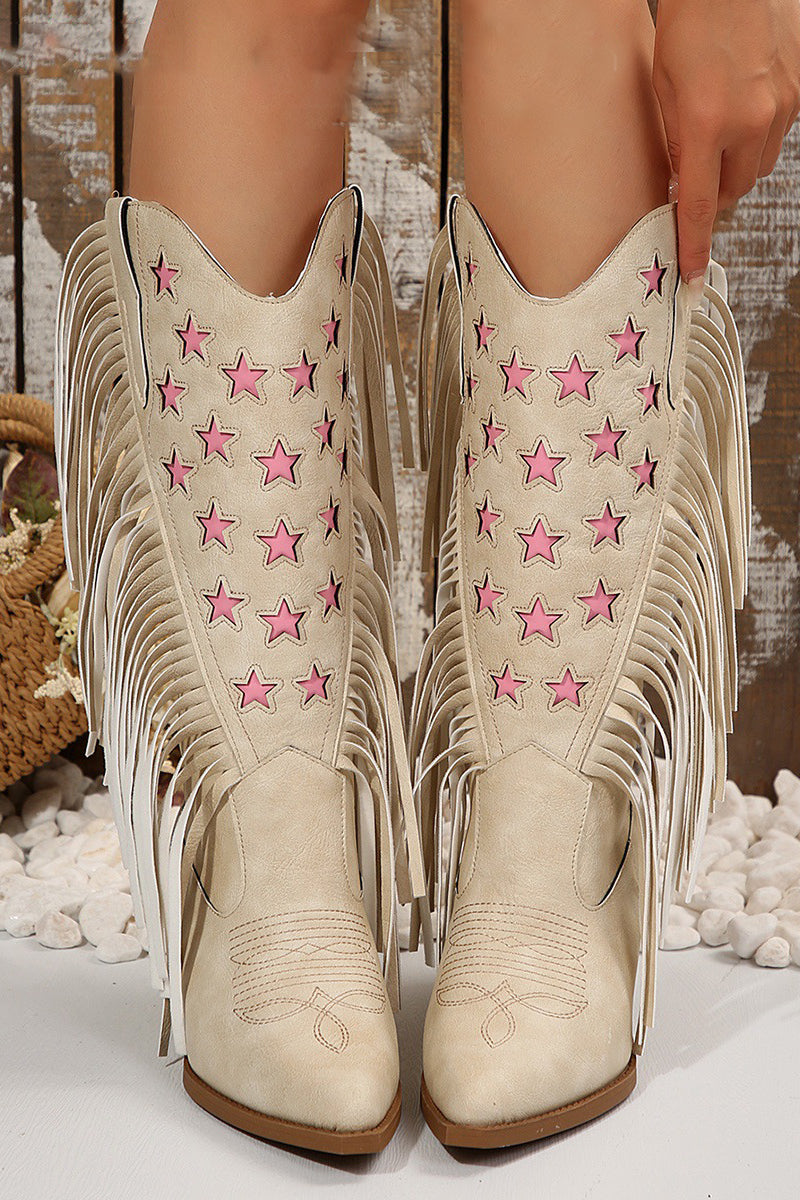 Western Style High Heeled Tassel Embroidered Leather Boots*