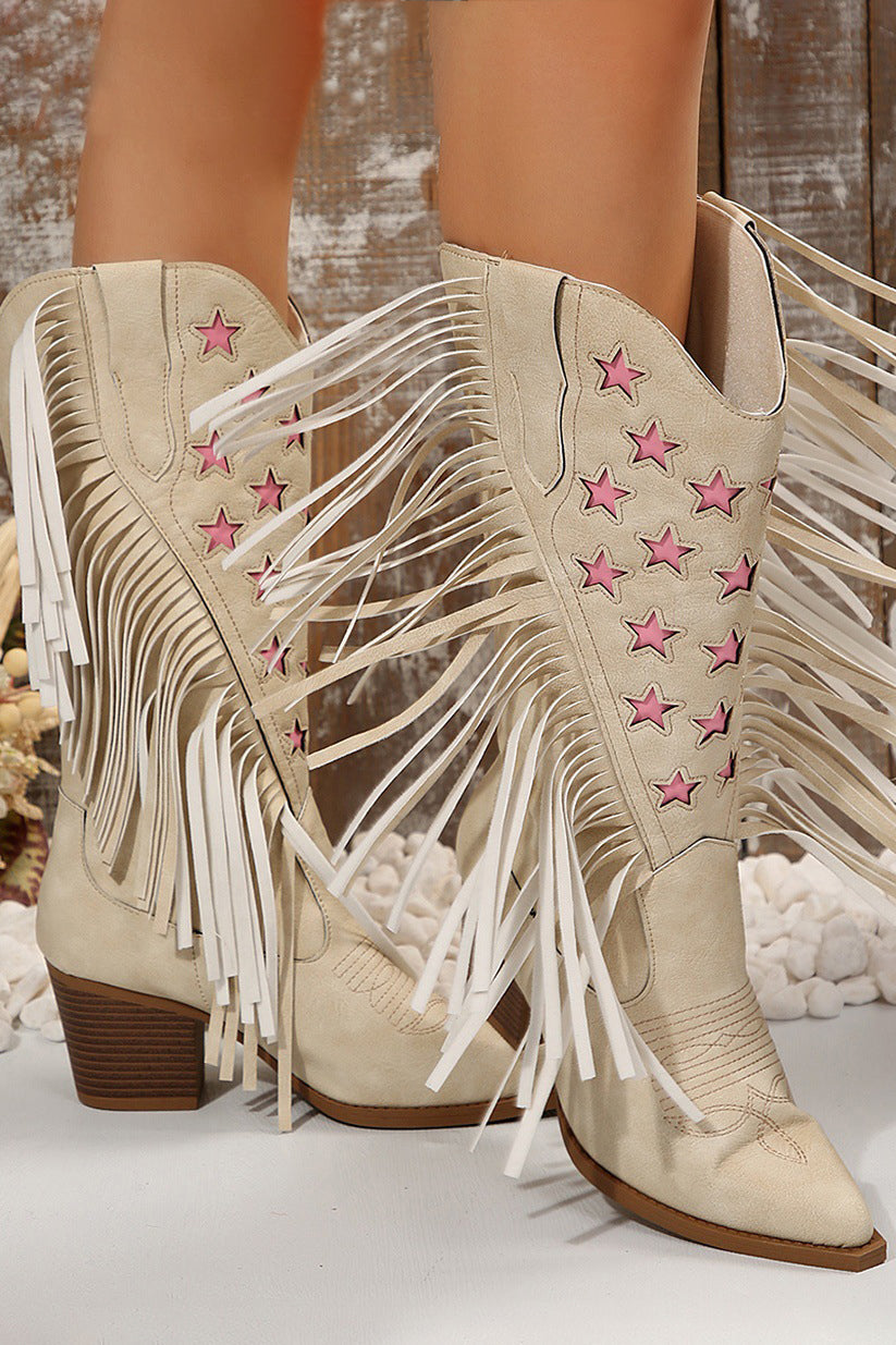 Western Style High Heeled Tassel Embroidered Leather Boots*