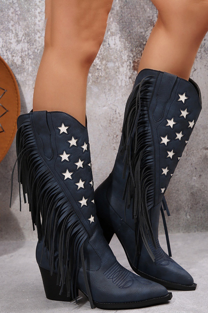 Western Style High Heeled Tassel Embroidered Leather Boots*