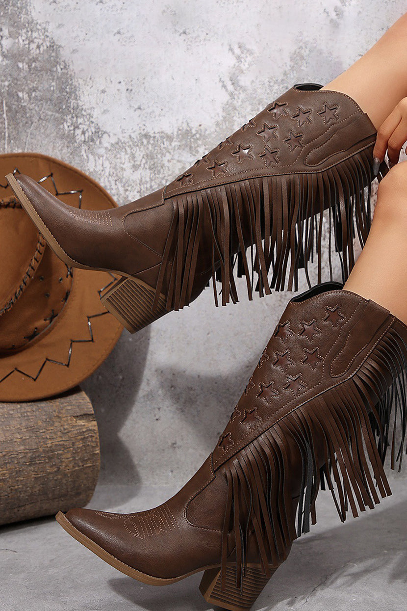 Western Style High Heeled Tassel Embroidered Leather Boots*