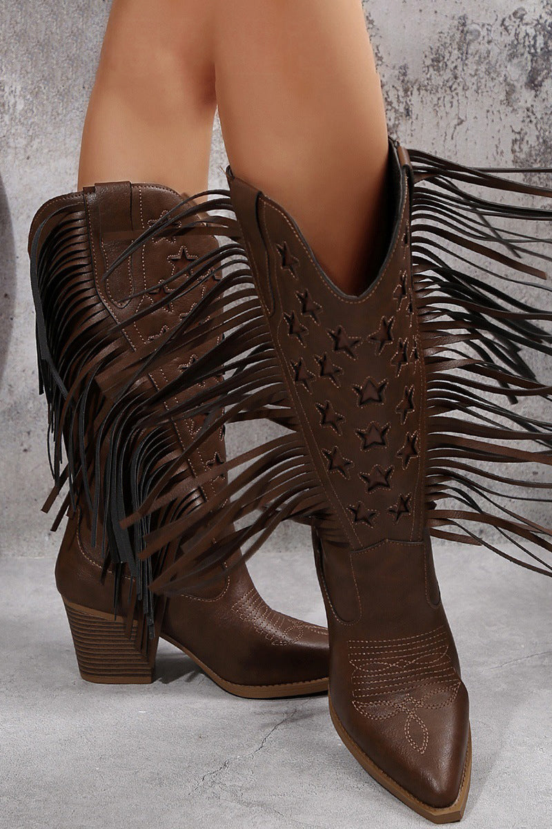 Western Style High Heeled Tassel Embroidered Leather Boots*