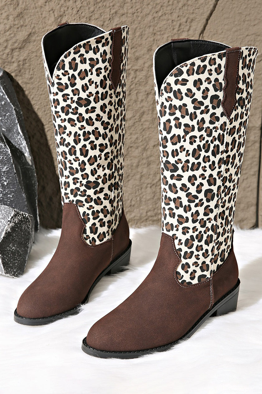 Western Style Leopard Print Suede Pointed Toe Martin Boots*