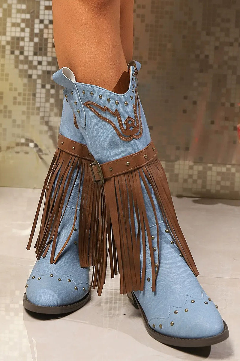 Western Style Tassel Rivet Belt Buckle Boots*
