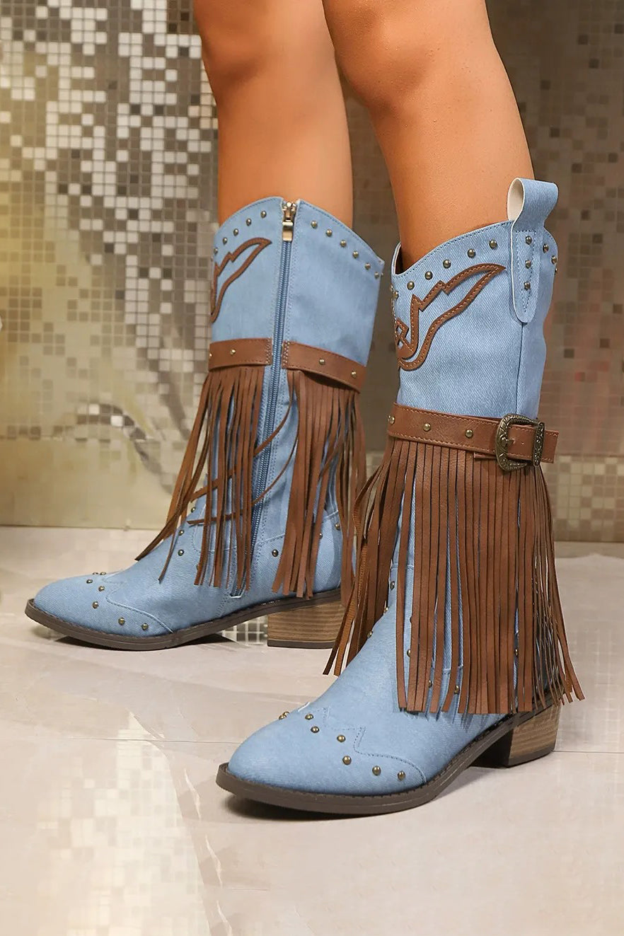 Western Style Tassel Rivet Belt Buckle Boots*