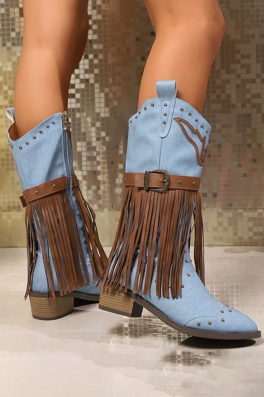 Western Style Tassel Rivet Belt Buckle Boots*