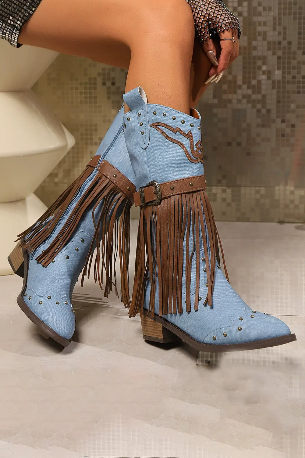 Western Style Tassel Rivet Belt Buckle Boots*