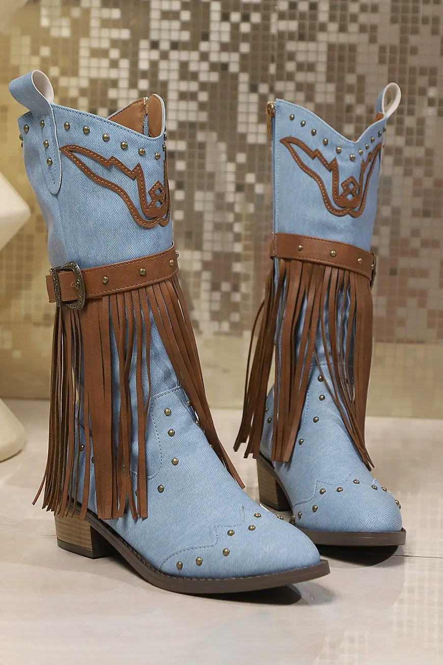 Western Style Tassel Rivet Belt Buckle Boots*