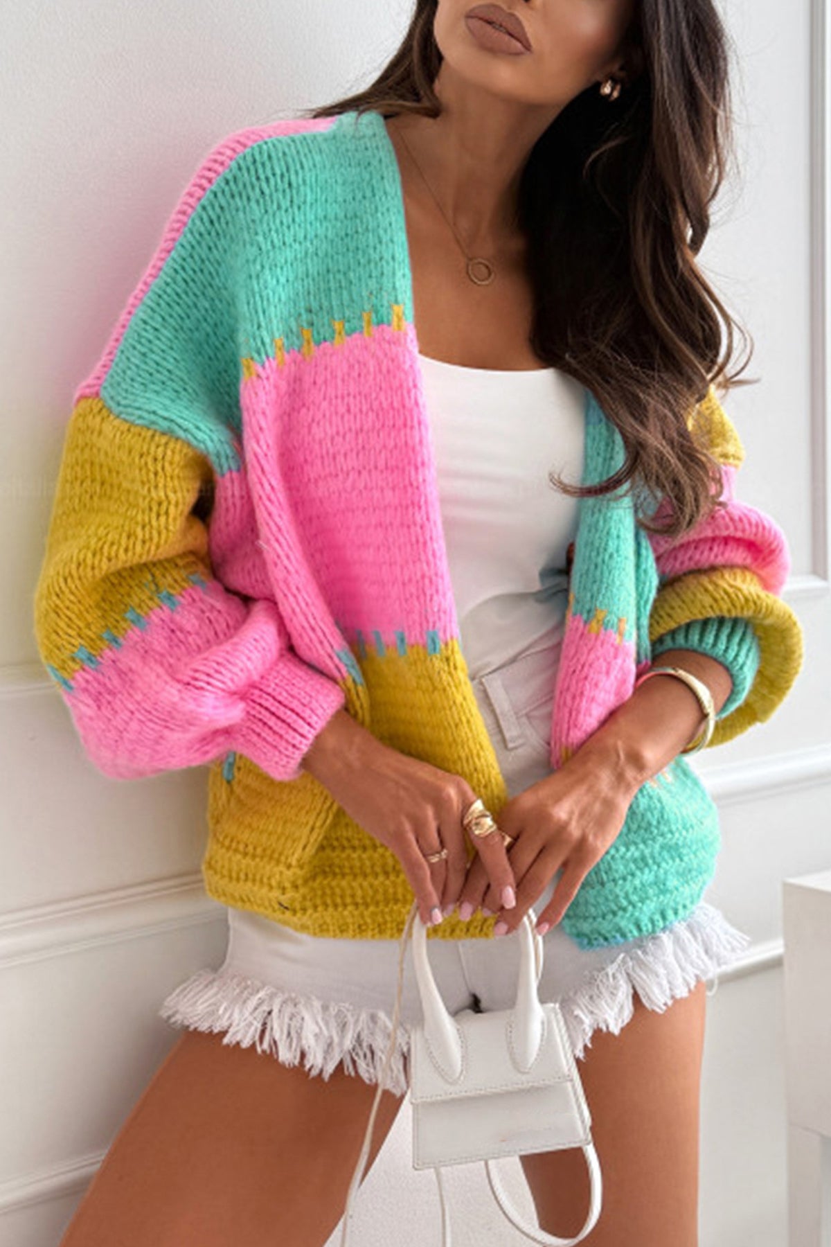 Casual Contrast Color Patchwork Cardigan*