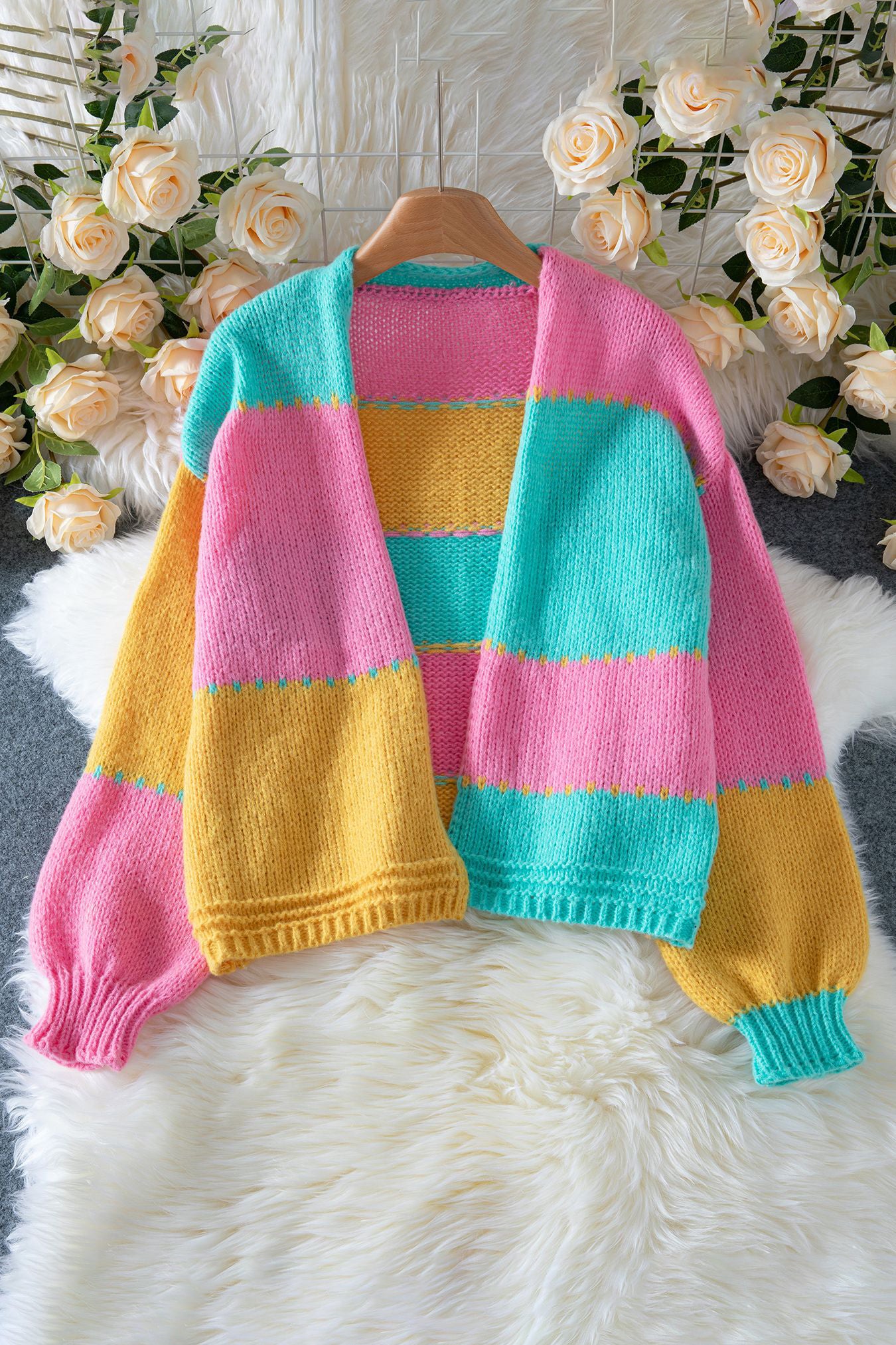 Casual Contrast Color Patchwork Cardigan*