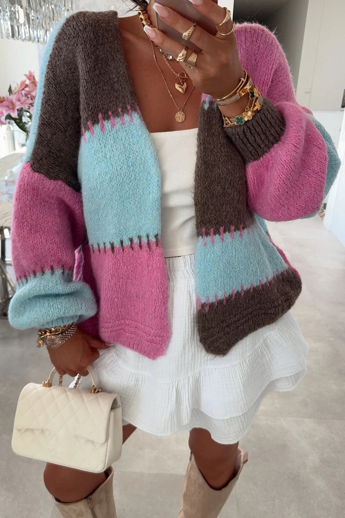 Casual Chunky Knit Rainbow Contrast Cardigan*