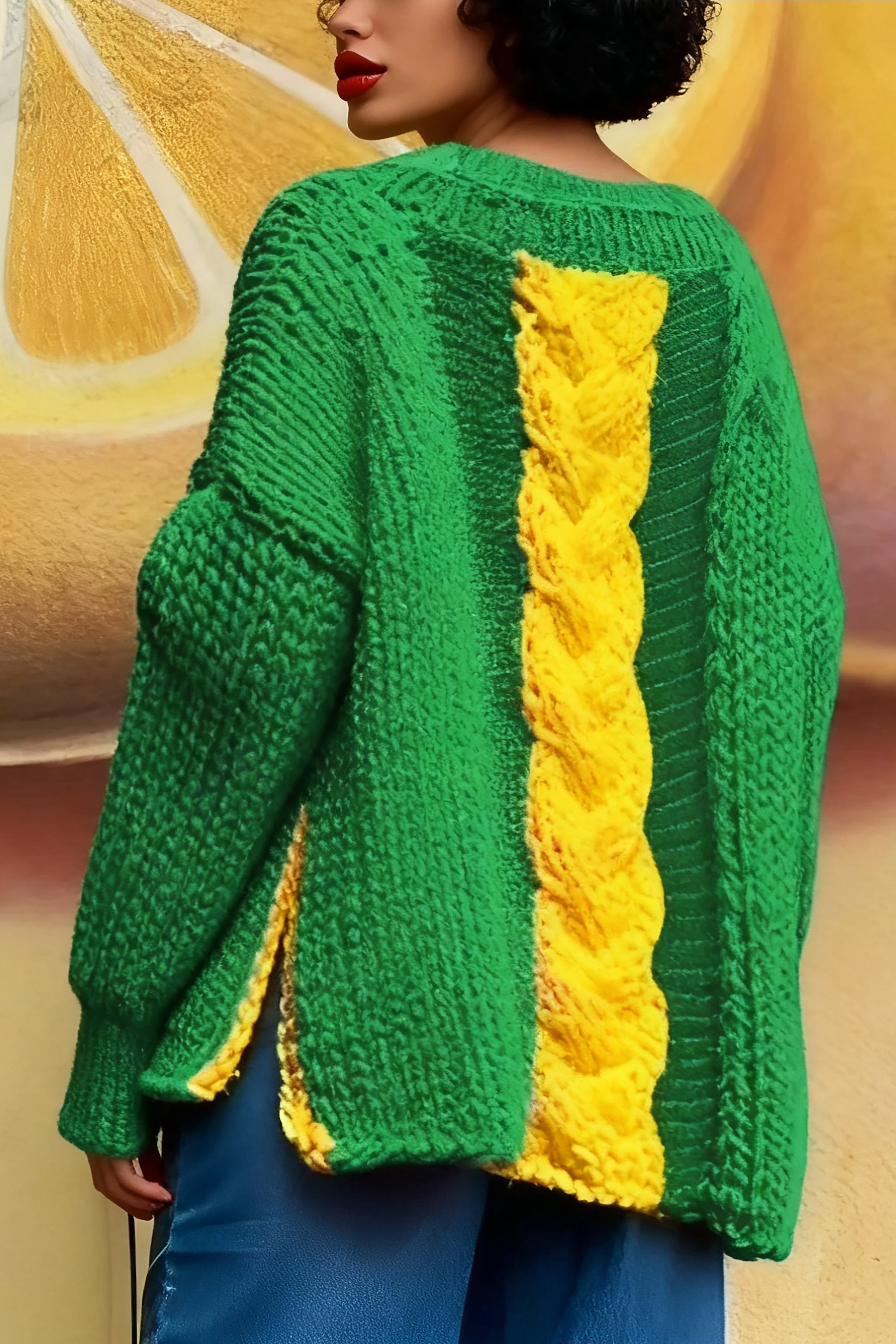 Casual Contrast Color Slit Sweater*