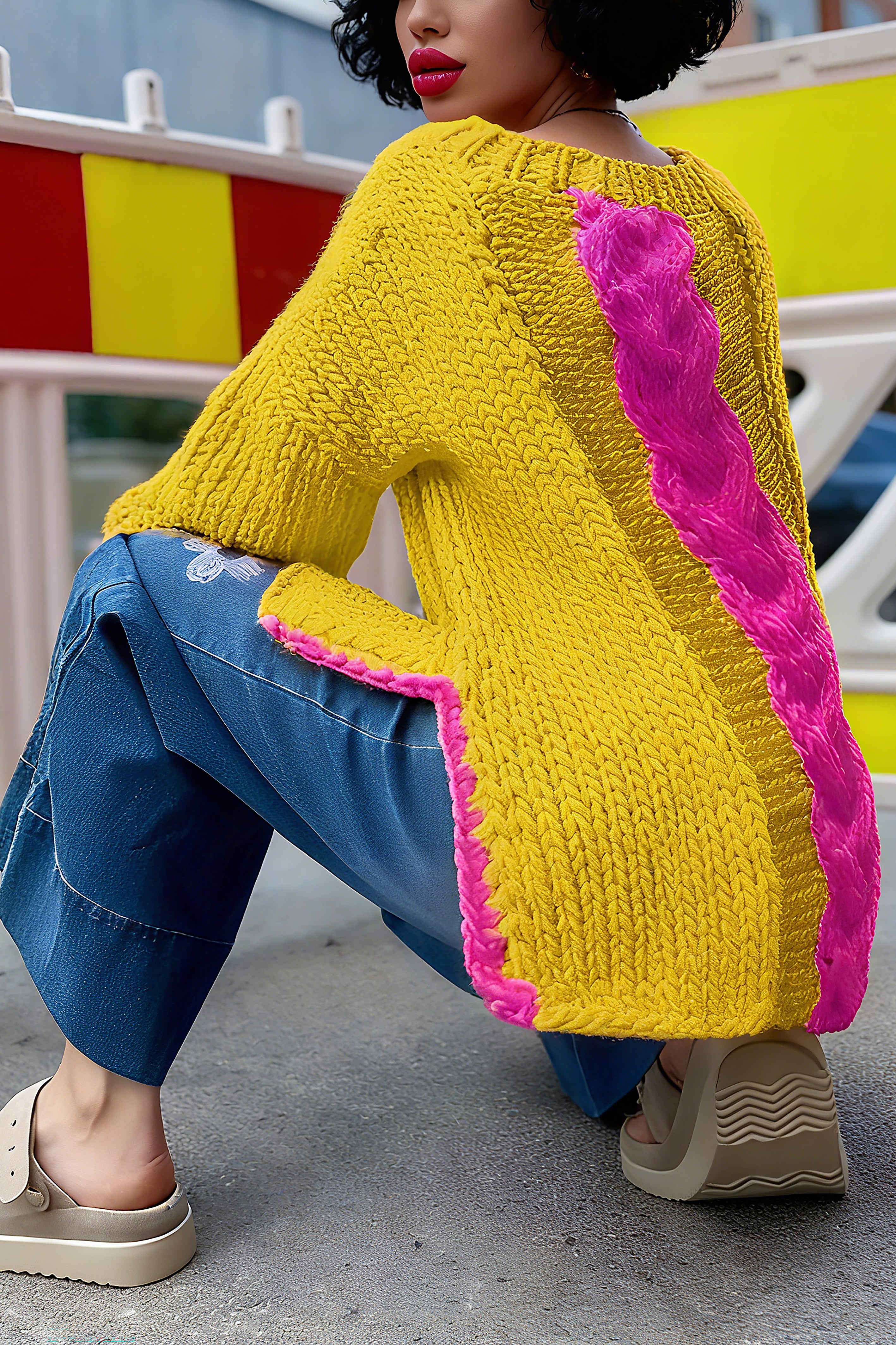 Casual Contrast Color Slit Sweater*