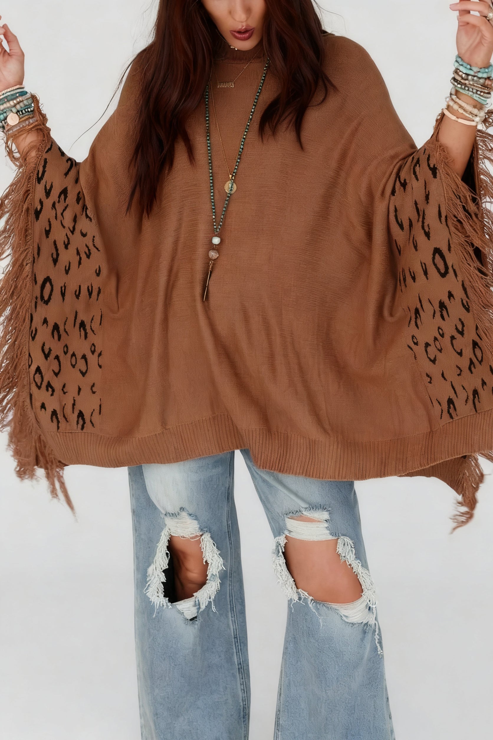 Fashionable Fringed Leopard Print Cape Sweater*