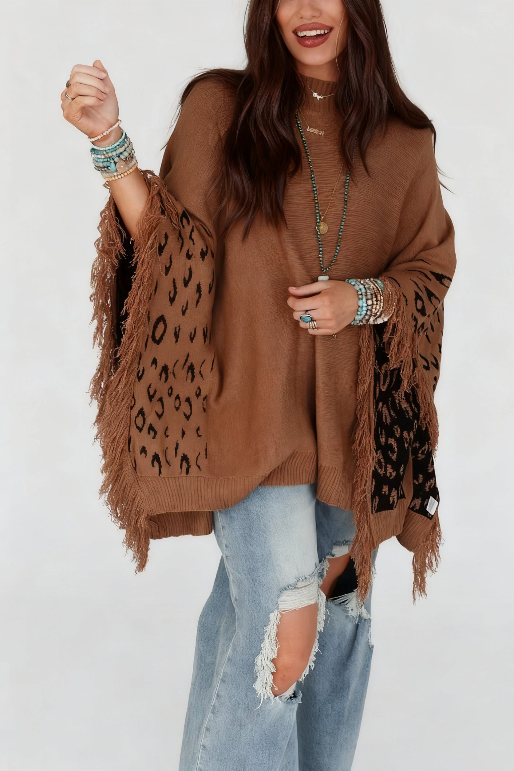 Fashionable Fringed Leopard Print Cape Sweater*