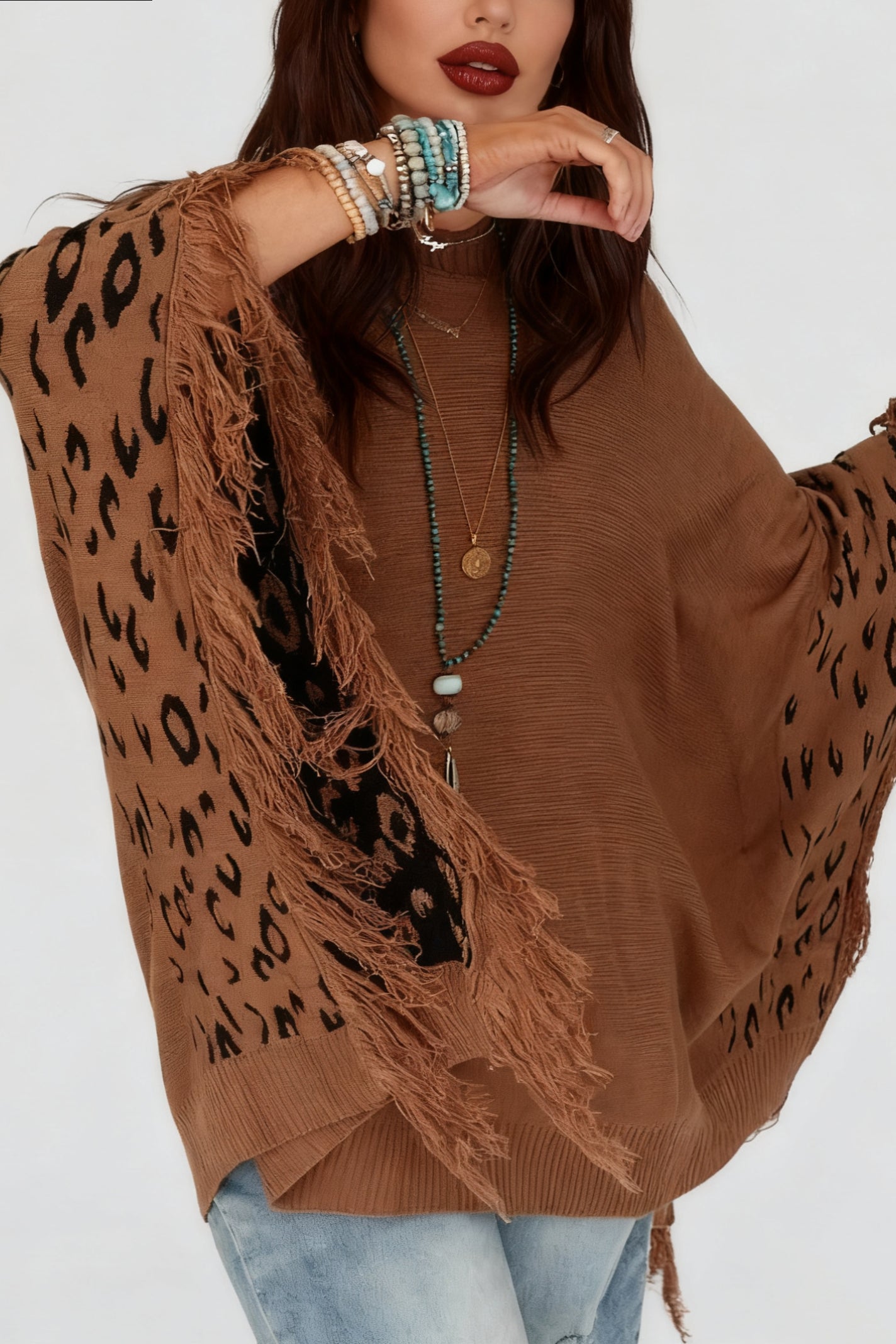 Fashionable Fringed Leopard Print Cape Sweater*