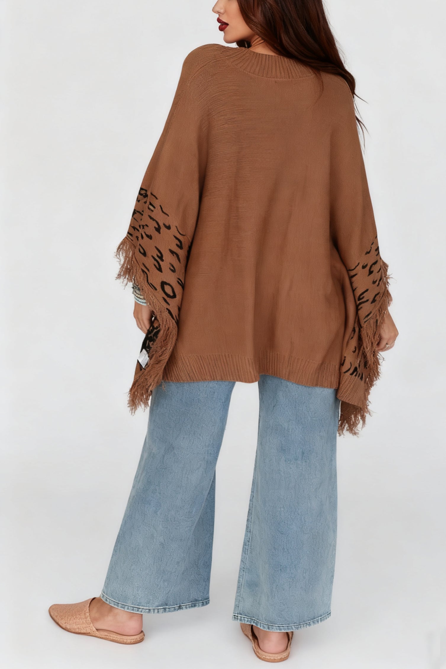 Fashionable Fringed Leopard Print Cape Sweater*