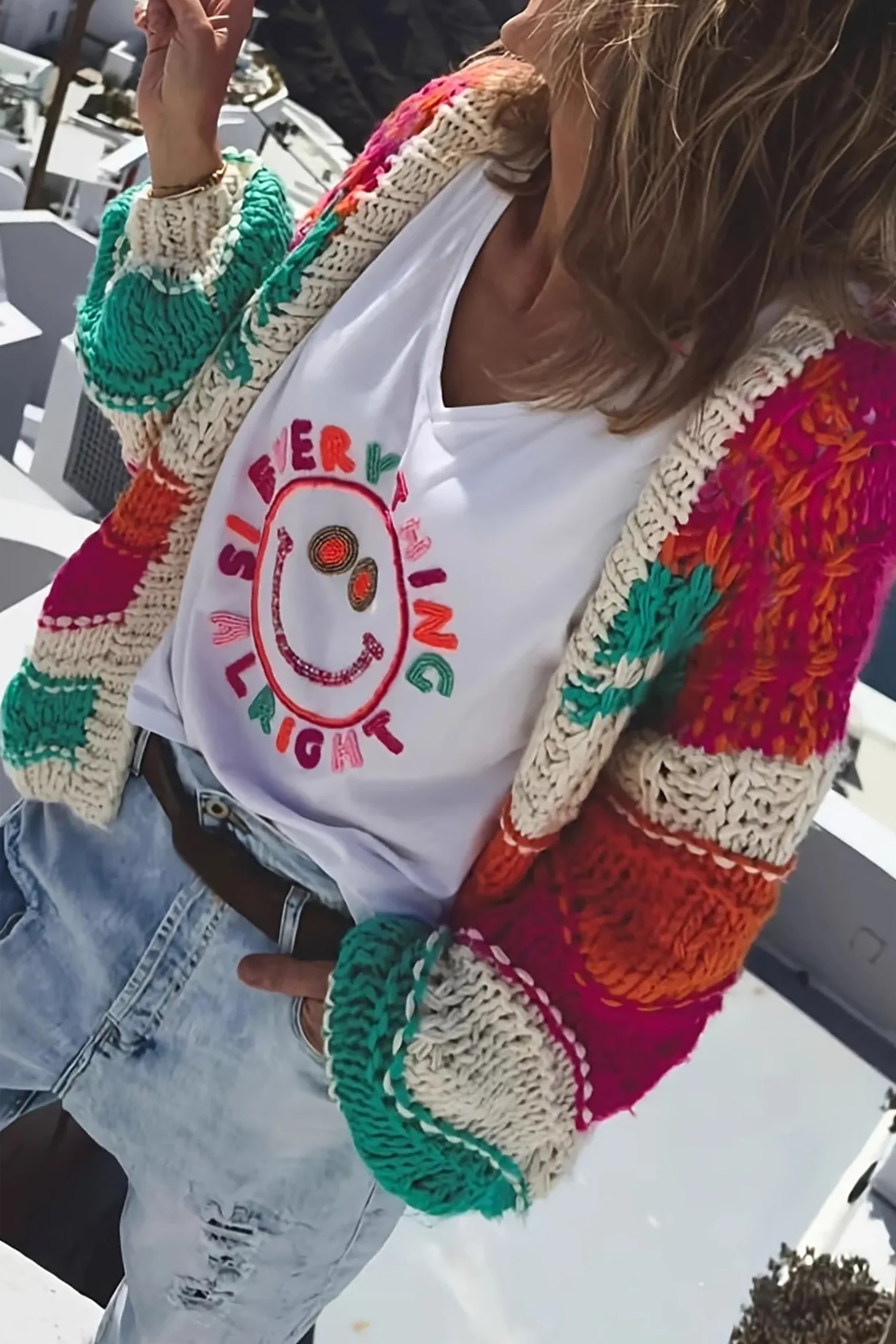 Casual Colorblock Striped Chunky Knit Loose Cardigan*