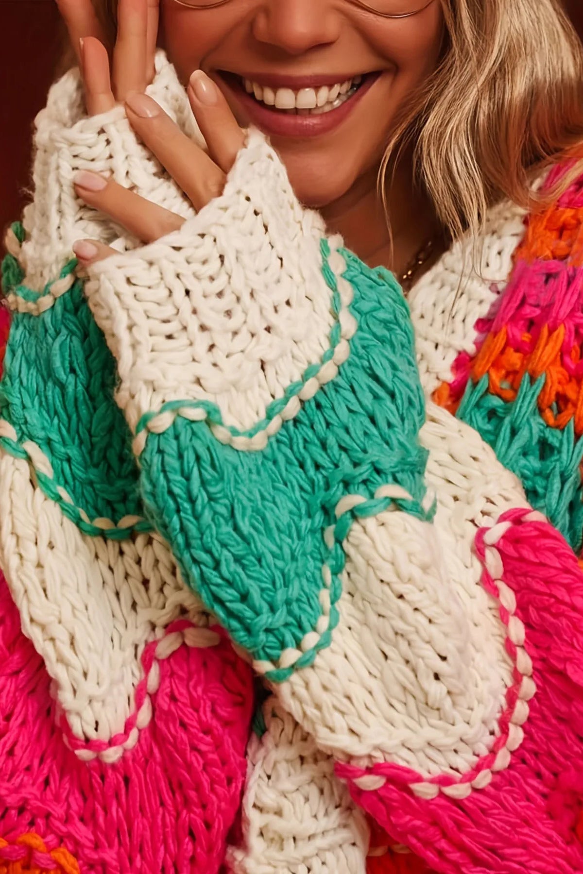 Casual Colorblock Striped Chunky Knit Loose Cardigan*