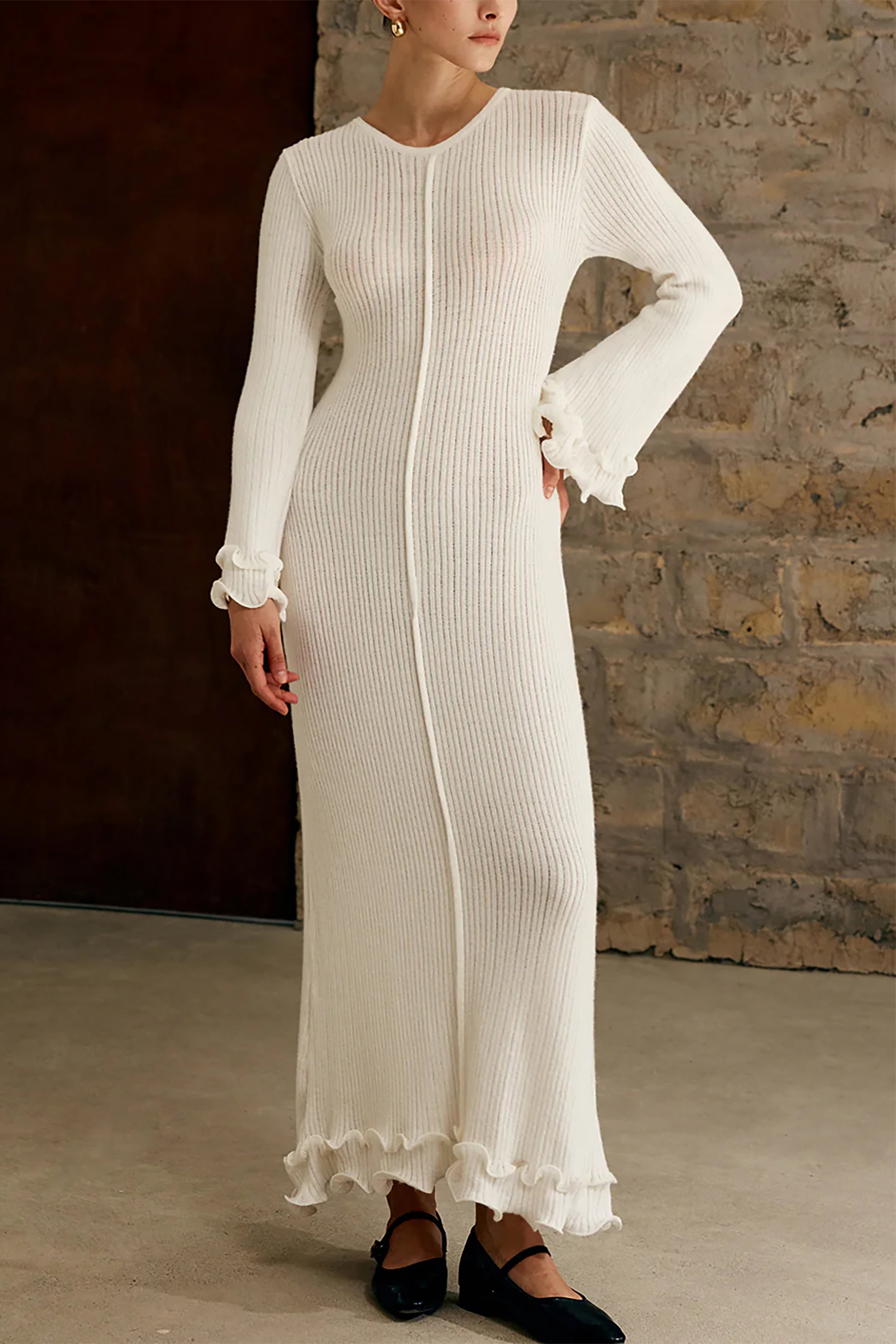 Chic Pleated Wave Edge Long Sleeved Knit Dress*