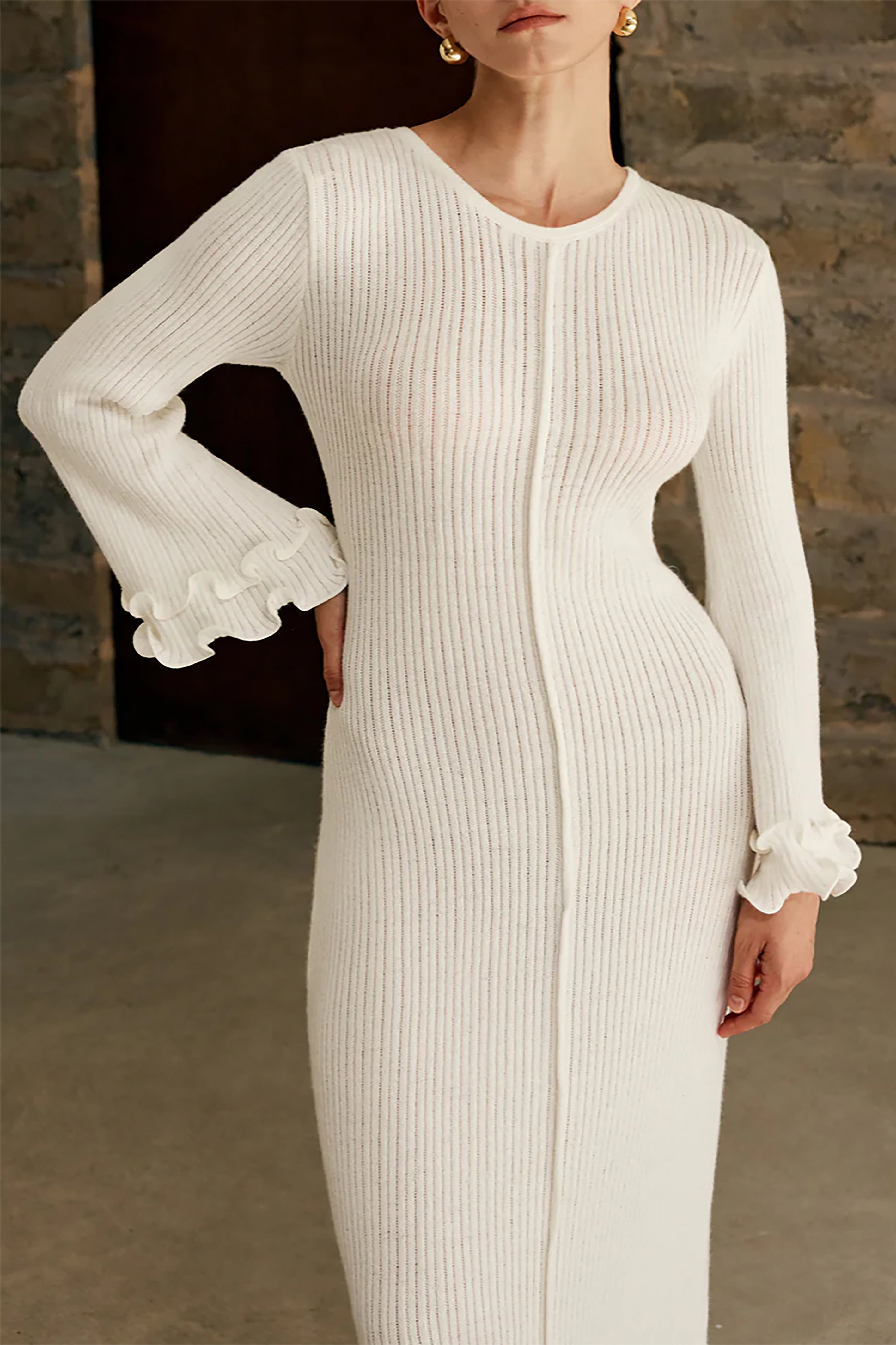 Chic Pleated Wave Edge Long Sleeved Knit Dress*