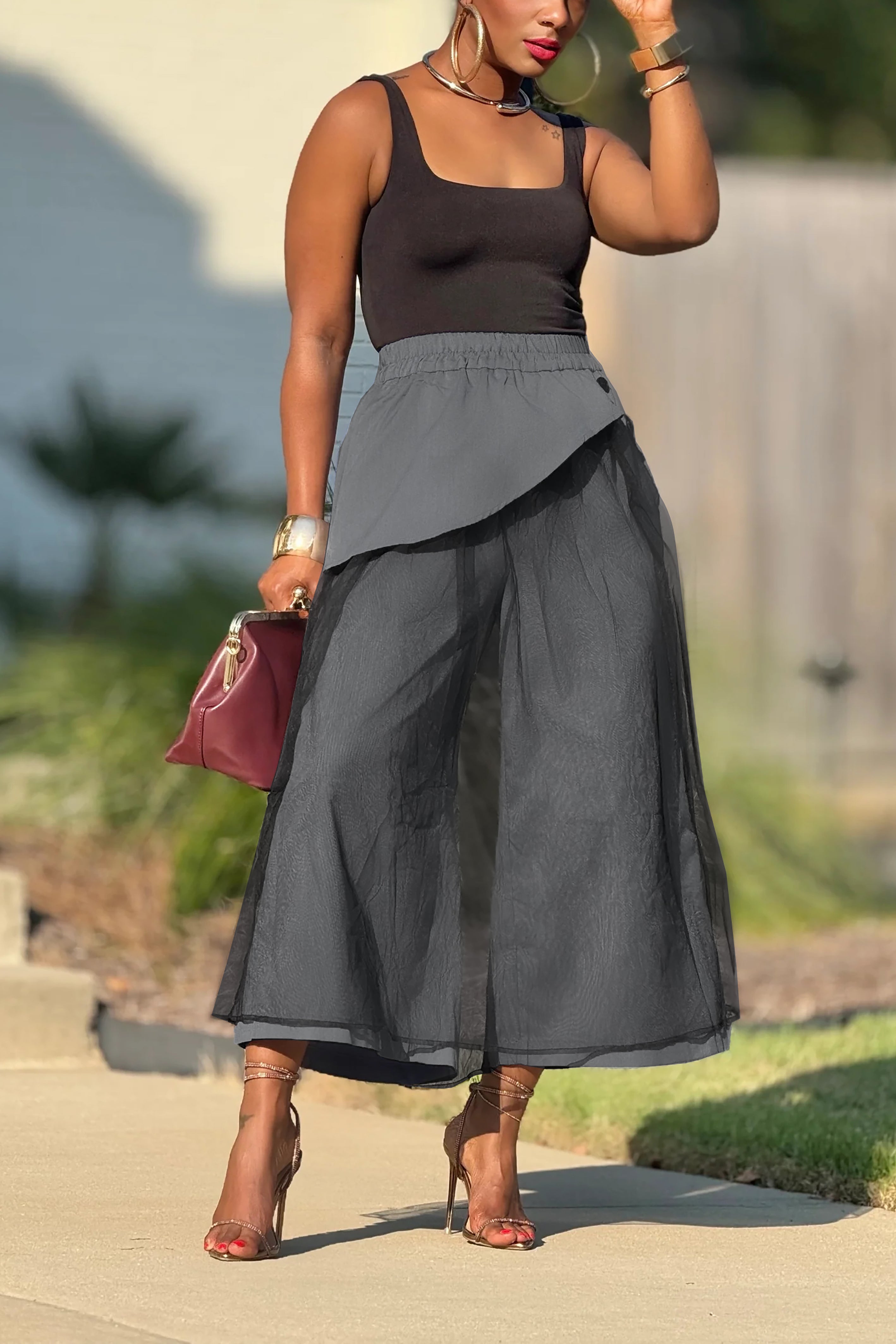 Casual Splicing Mesh Wide Leg Pants*