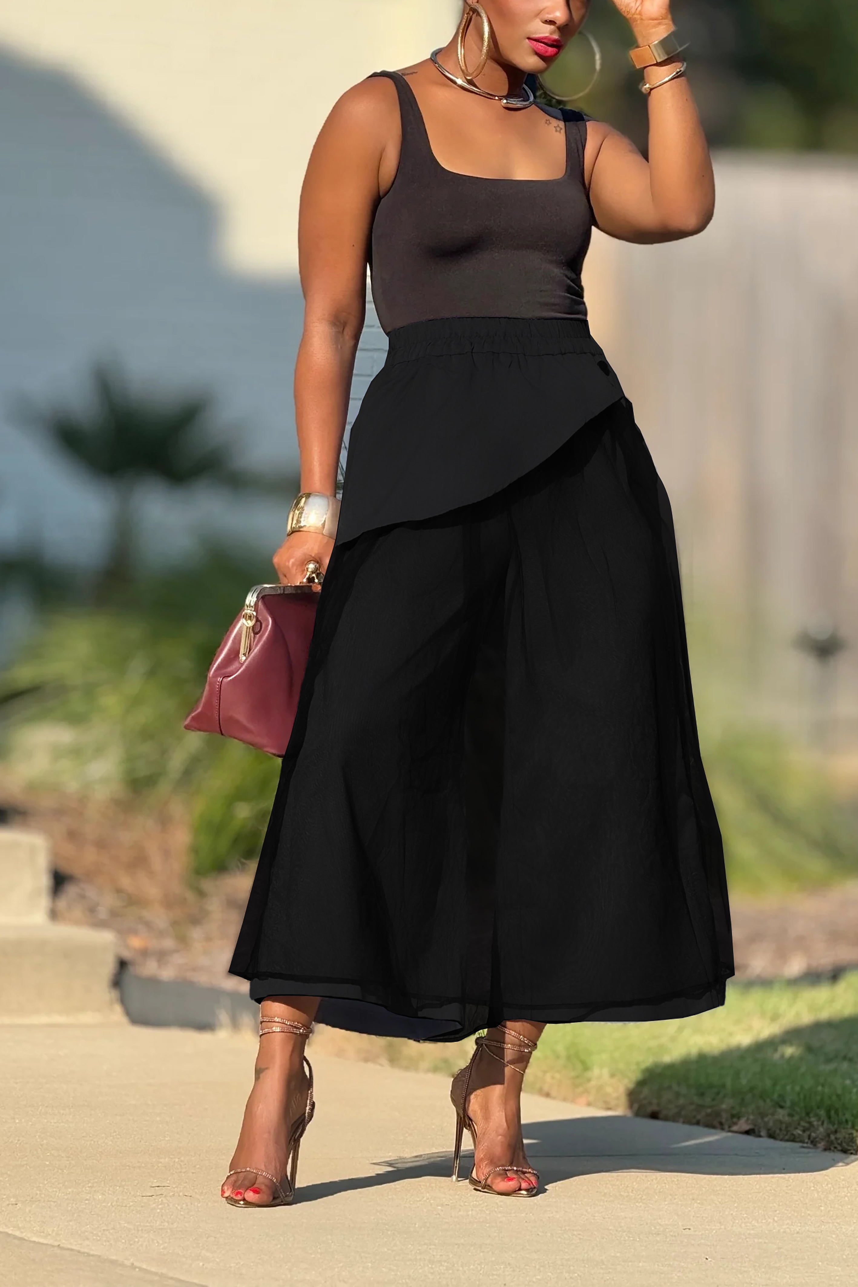 Casual Splicing Mesh Wide Leg Pants*