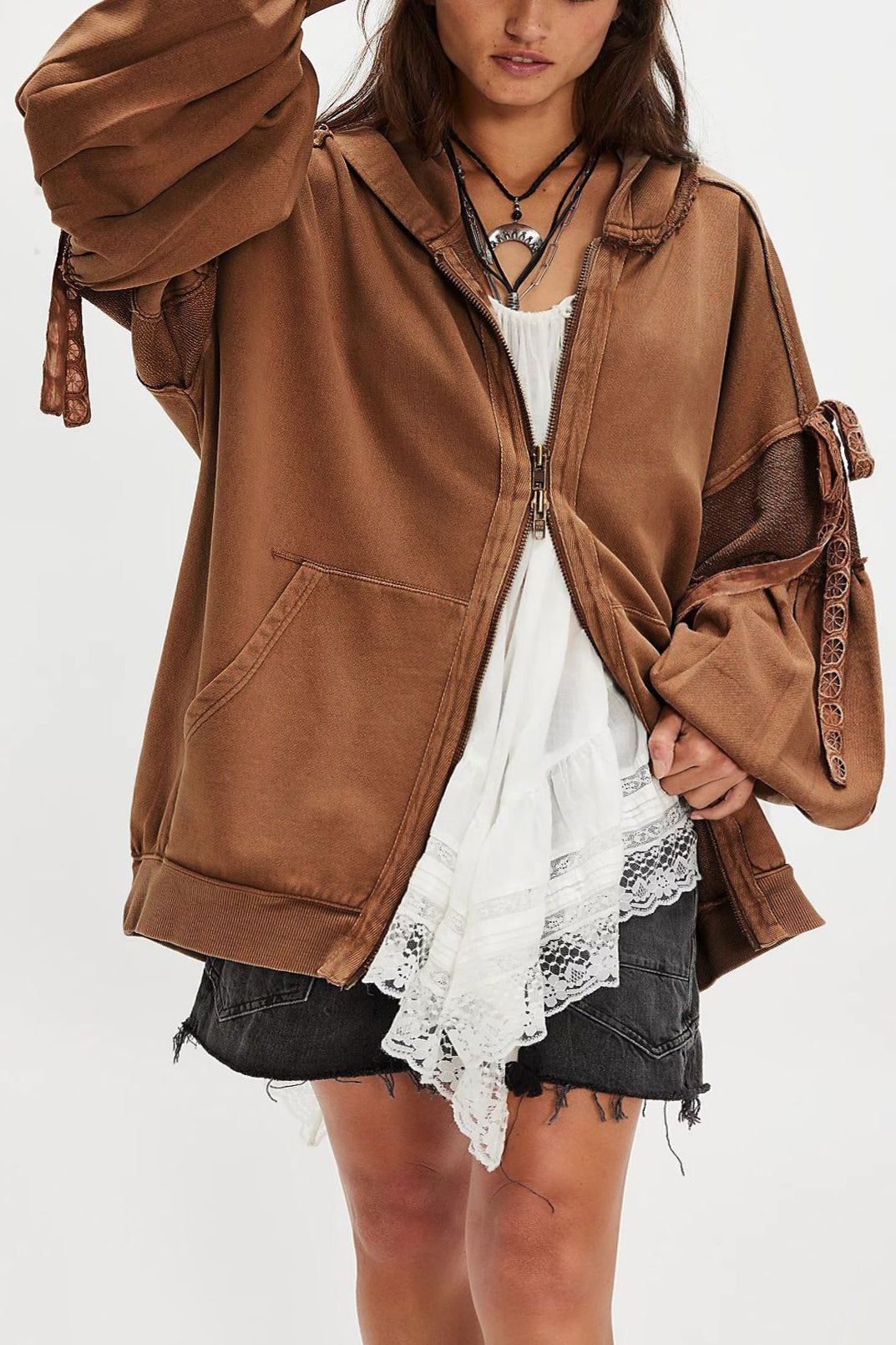 Casual Loose Lace Zipper Hoodie*