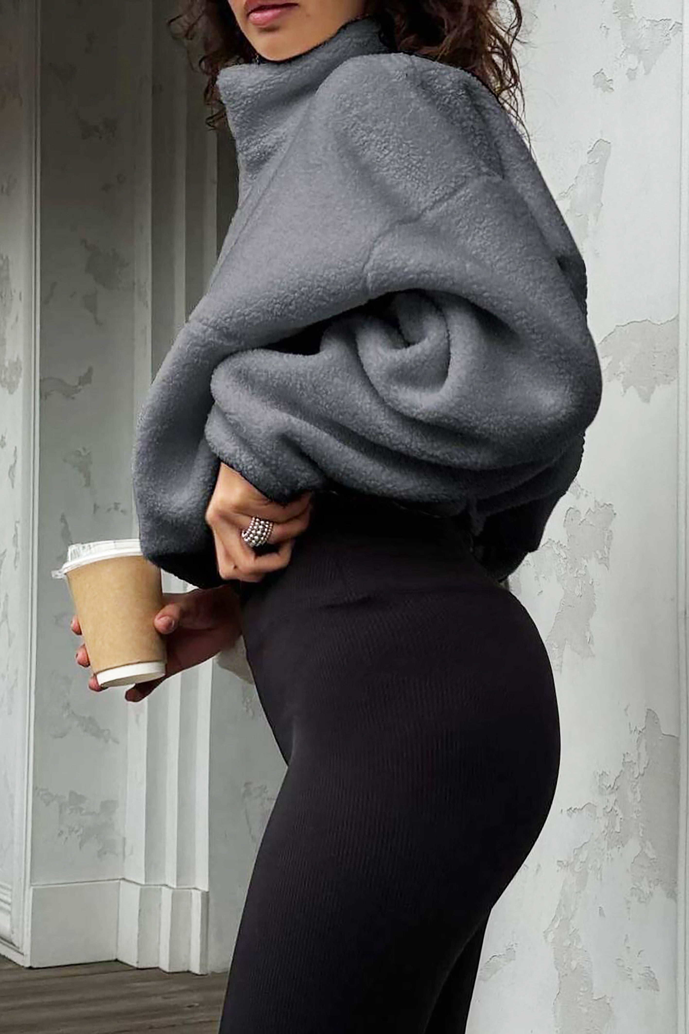 Casual Solid Zipper Neck Lambskin Pullover Sweatshirt*