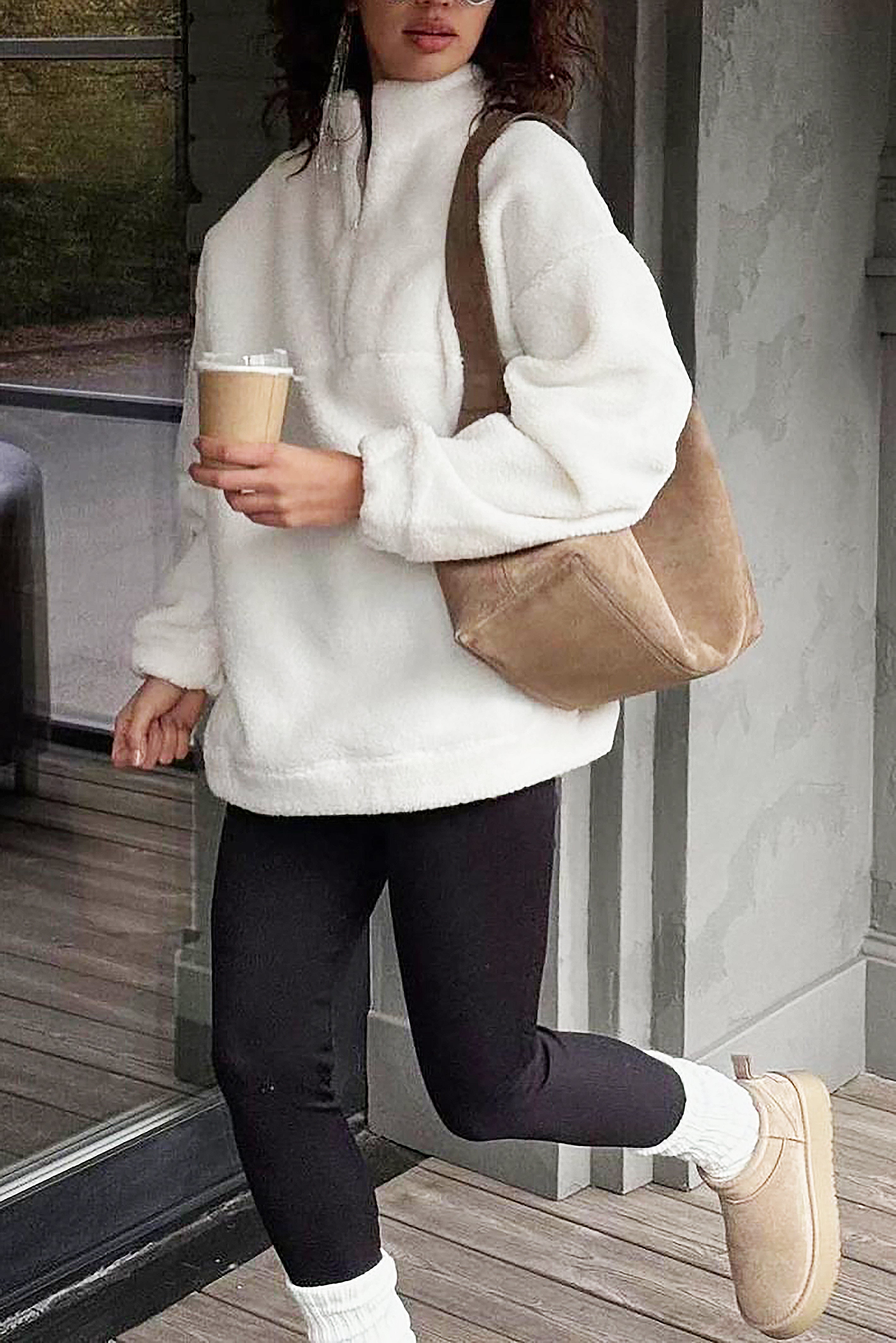 Casual Solid Zipper Neck Lambskin Pullover Sweatshirt*