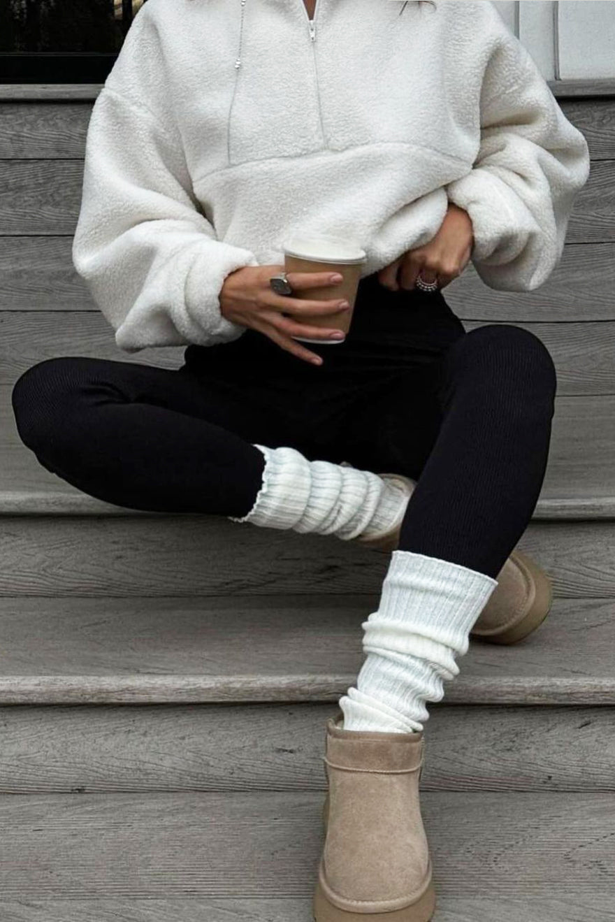 Casual Solid Zipper Neck Lambskin Pullover Sweatshirt*