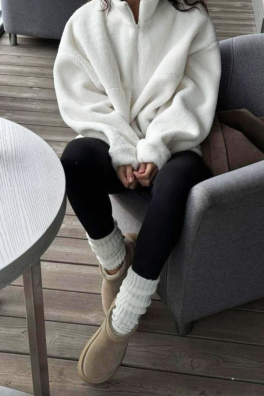 Casual Solid Zipper Neck Lambskin Pullover Sweatshirt*