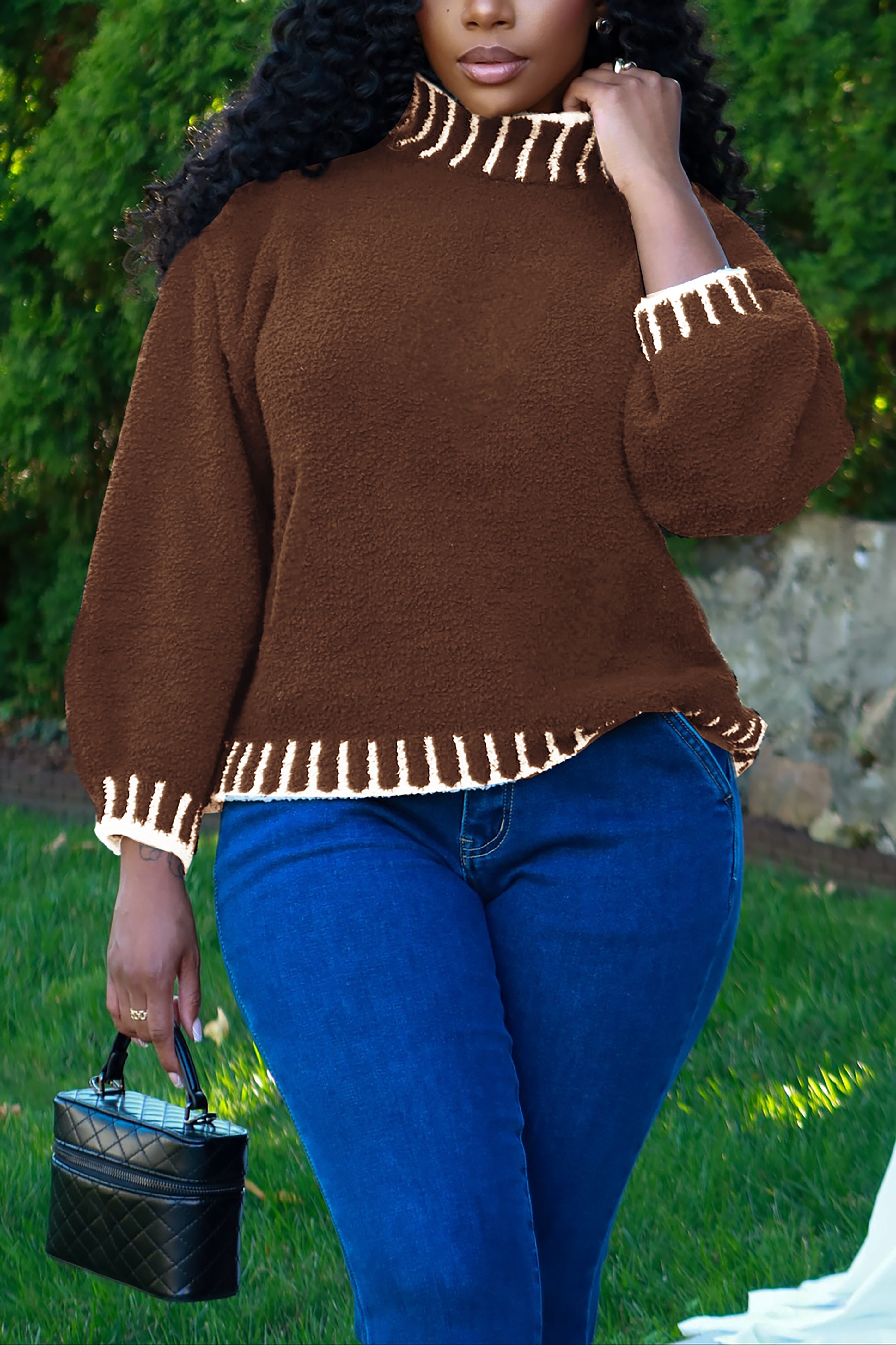 Casual Colorblock Turtleneck Lantern Sleeve Sweater*