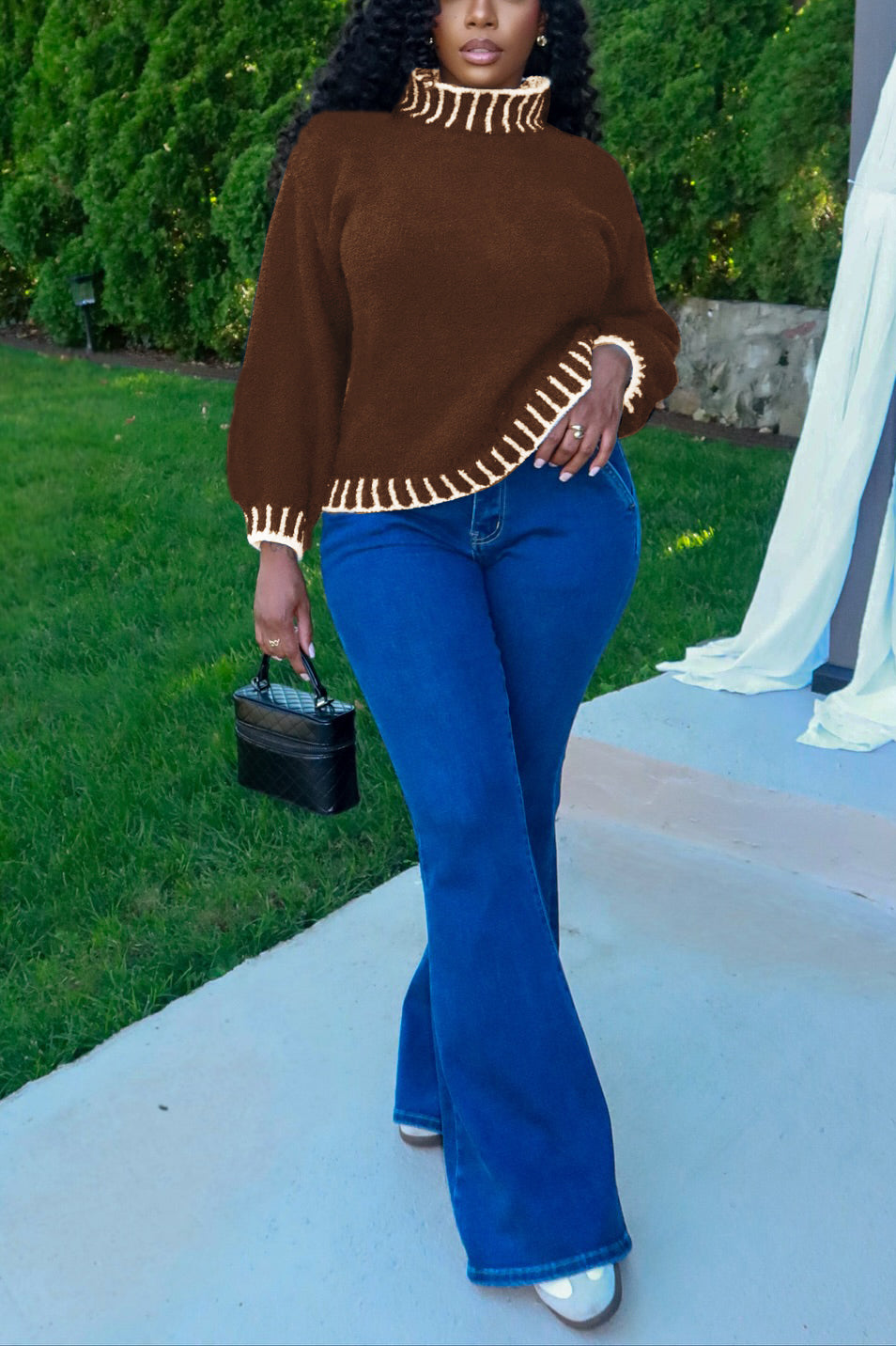 Casual Colorblock Turtleneck Lantern Sleeve Sweater*