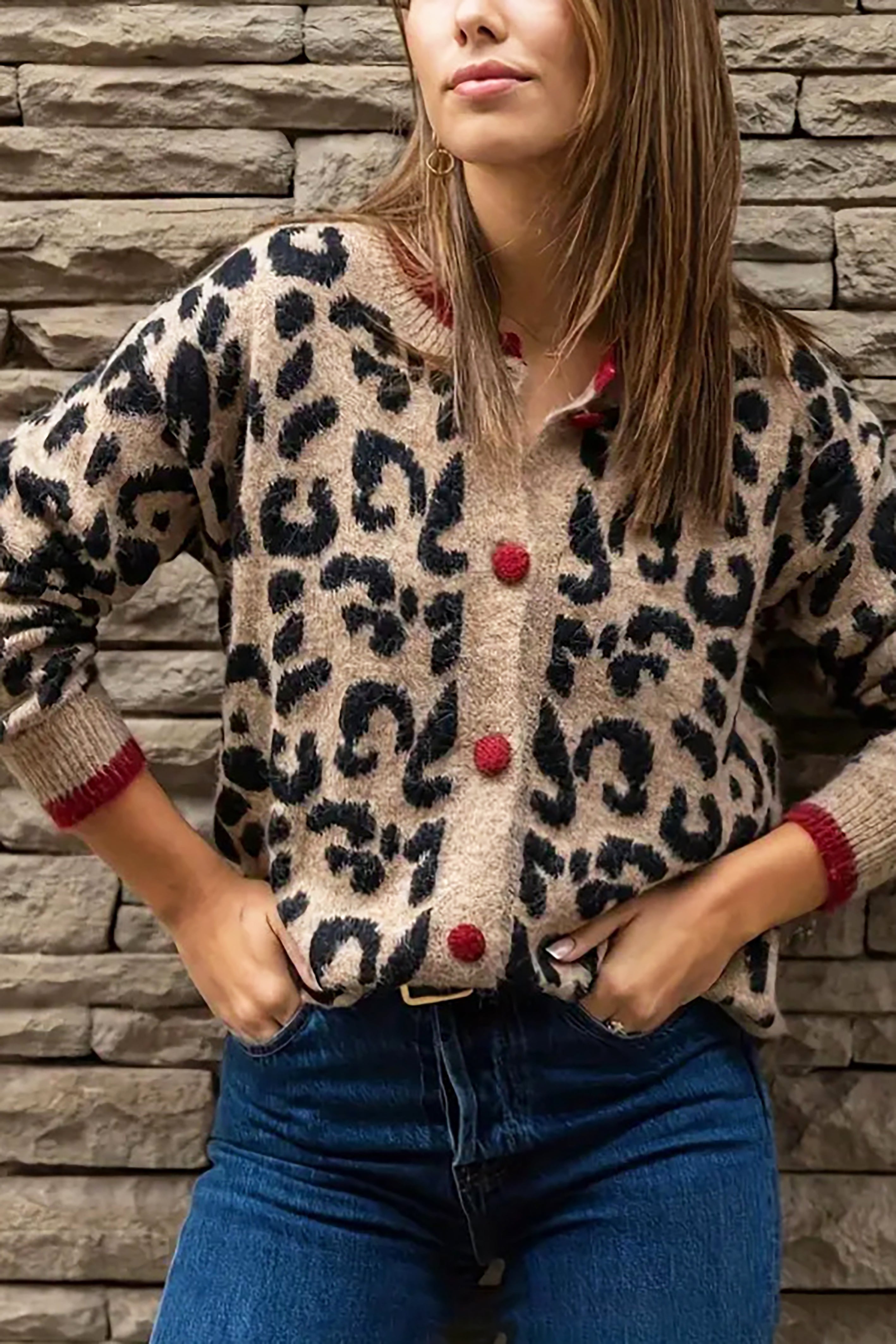 Retro Contrast Leopard Print Cardigan*